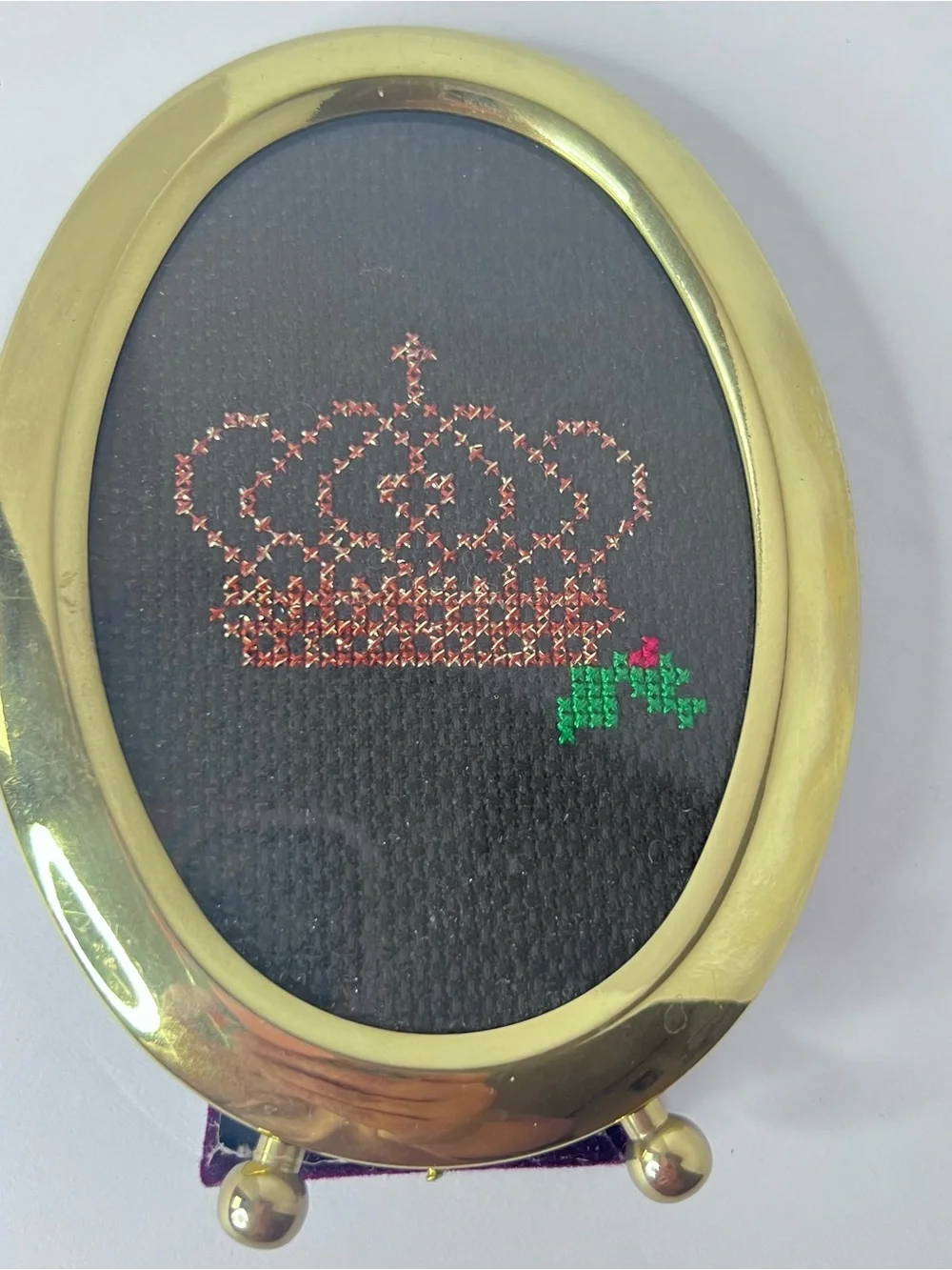 Small Vintage Gold Framed Cross Stitch Crown Needlepoint Picture Hand Stitched